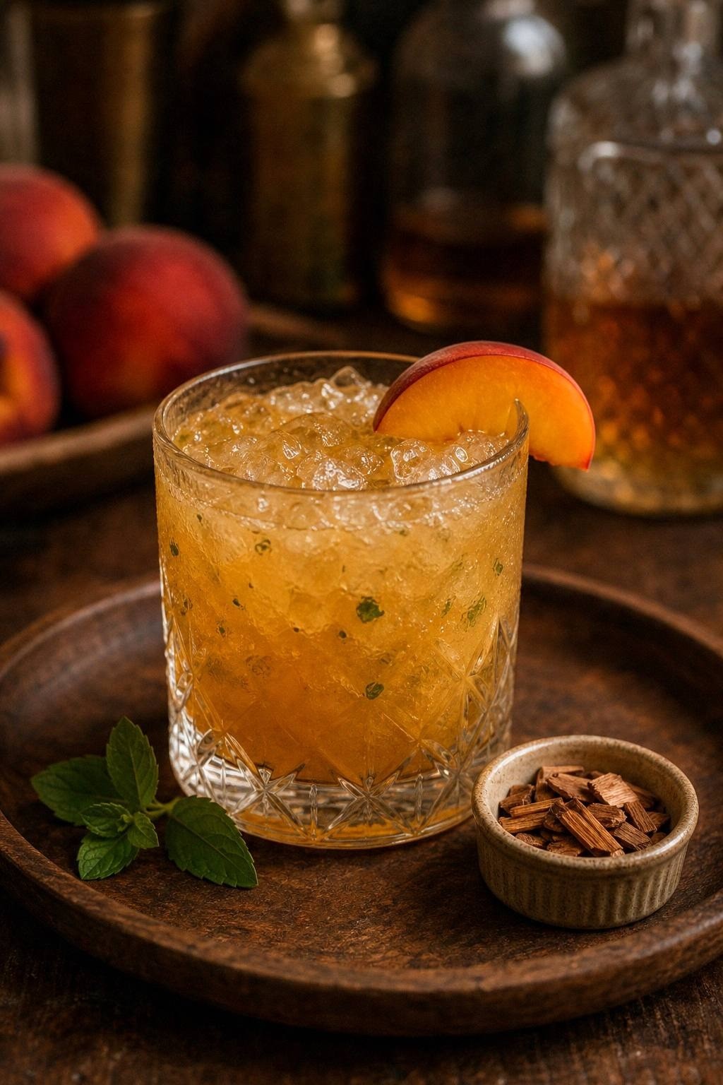 Glass of golden peach bourbon smash with crushed ice and a peach wedge on the rim on a sunlit wooden tray