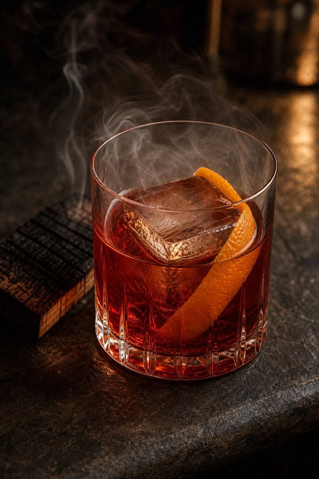 Deep red smoked mezcal negroni in a rocks glass with a wide orange peel and visible smoke wisps over a dark slate surface