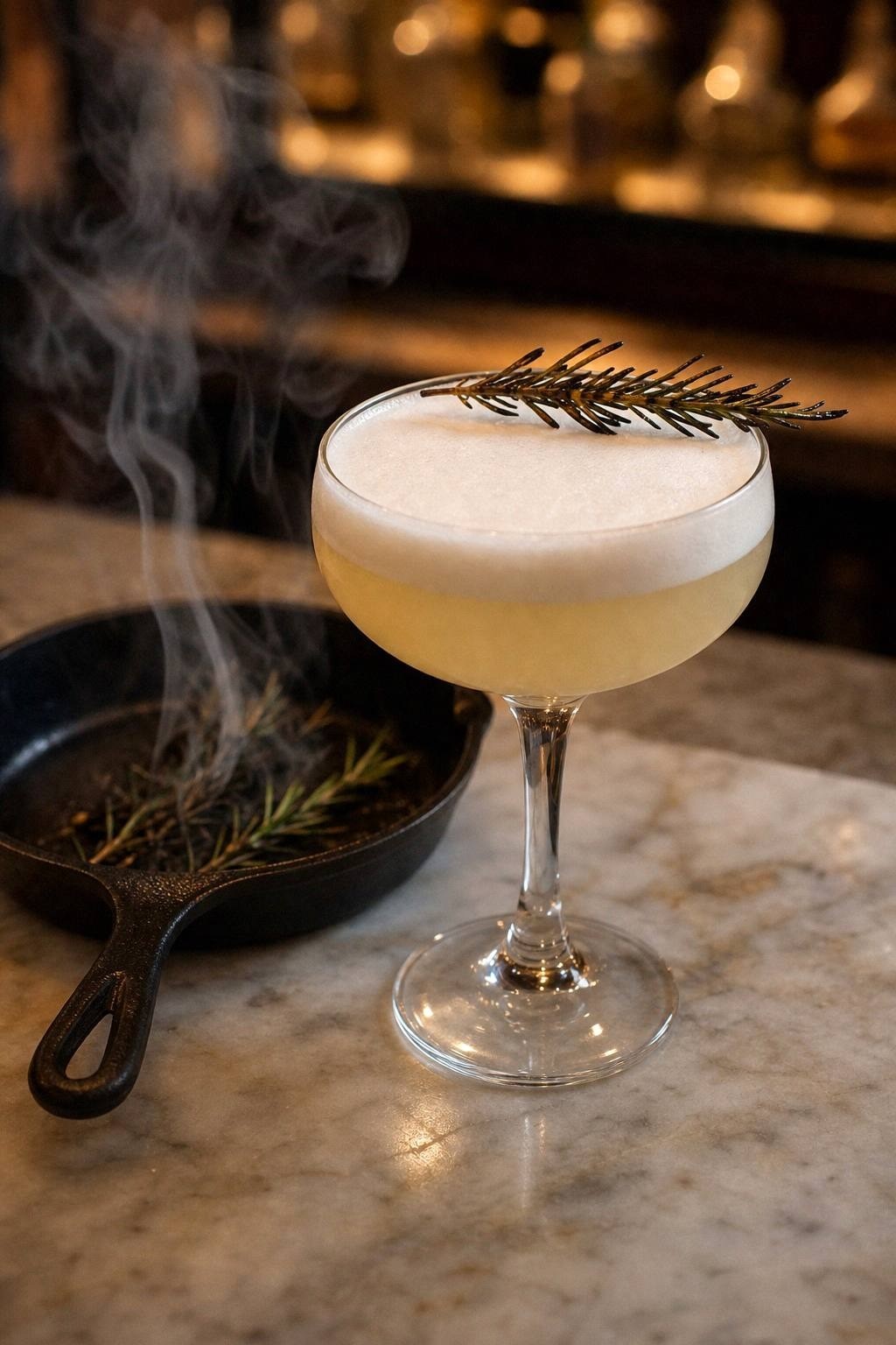 Coupe glass of smoked rosemary gin sour with a thick egg white foam top and a charred rosemary sprig beside it on a marble surface