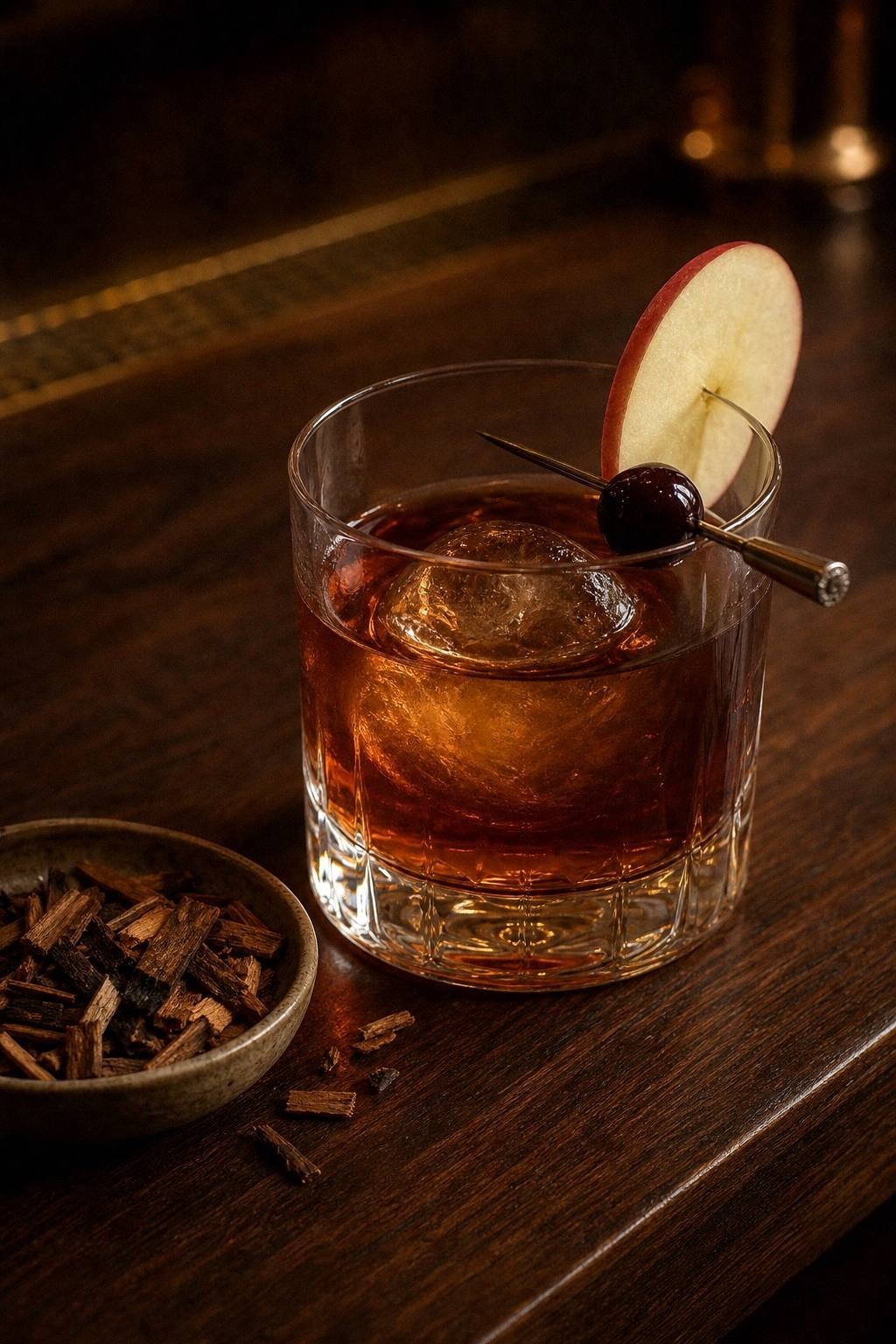 Rocks glass of deep amber smoked apple maple Manhattan with a thin apple slice on the rim and a cherry on a dark wooden bar