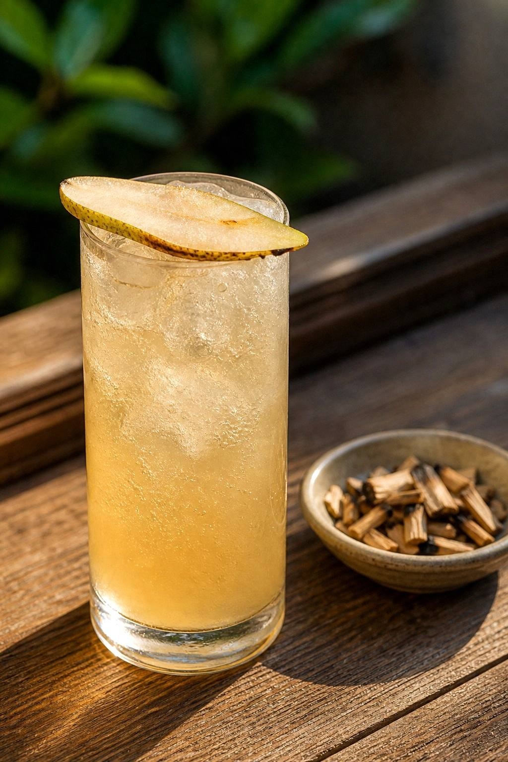 Tall glass of pale gold smoked pear paloma with grapefruit soda fizz and a thin pear slice on a sunlit outdoor table