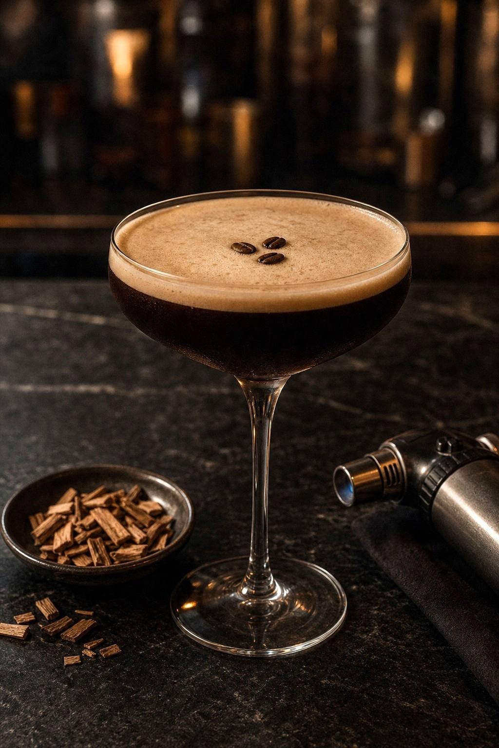 Coupe glass of dark smoked espresso martini with thick crema foam and three coffee beans on top on a dark slate surface