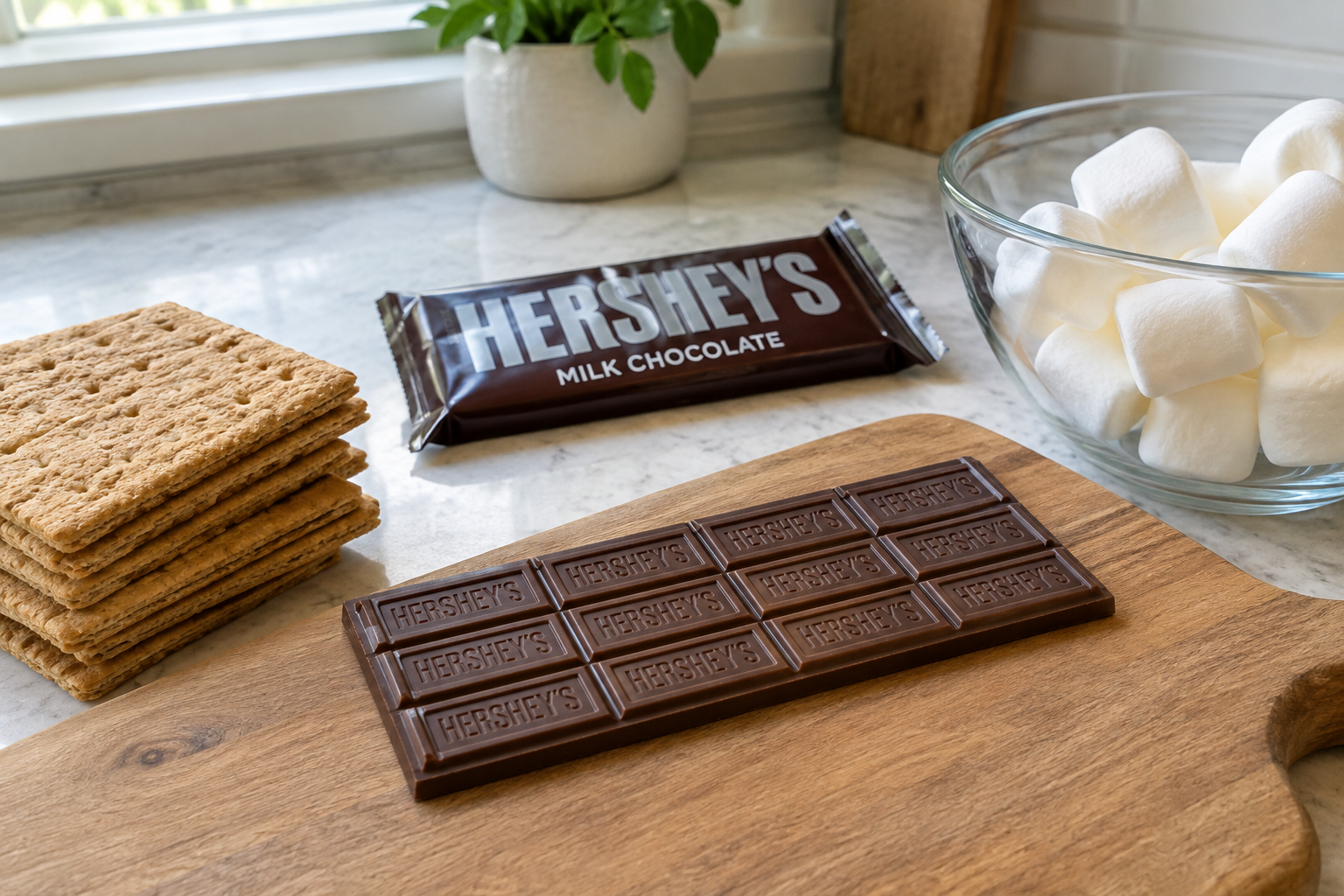 milk chocolate bars, dark chocolate, and peanut butter cups arranged on wooden board with graham crackers