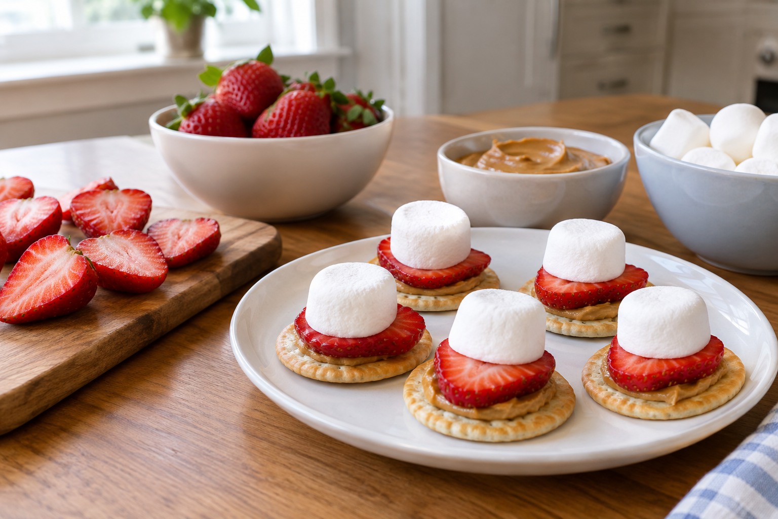 sliced strawberries arranged on s'mores board next to peanut butter and chocolate