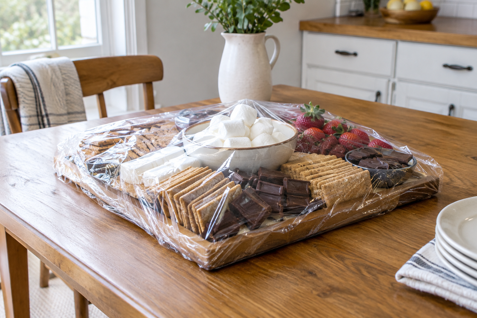 completed s'mores charcuterie board covered loosely with plastic wrap on kitchen counter