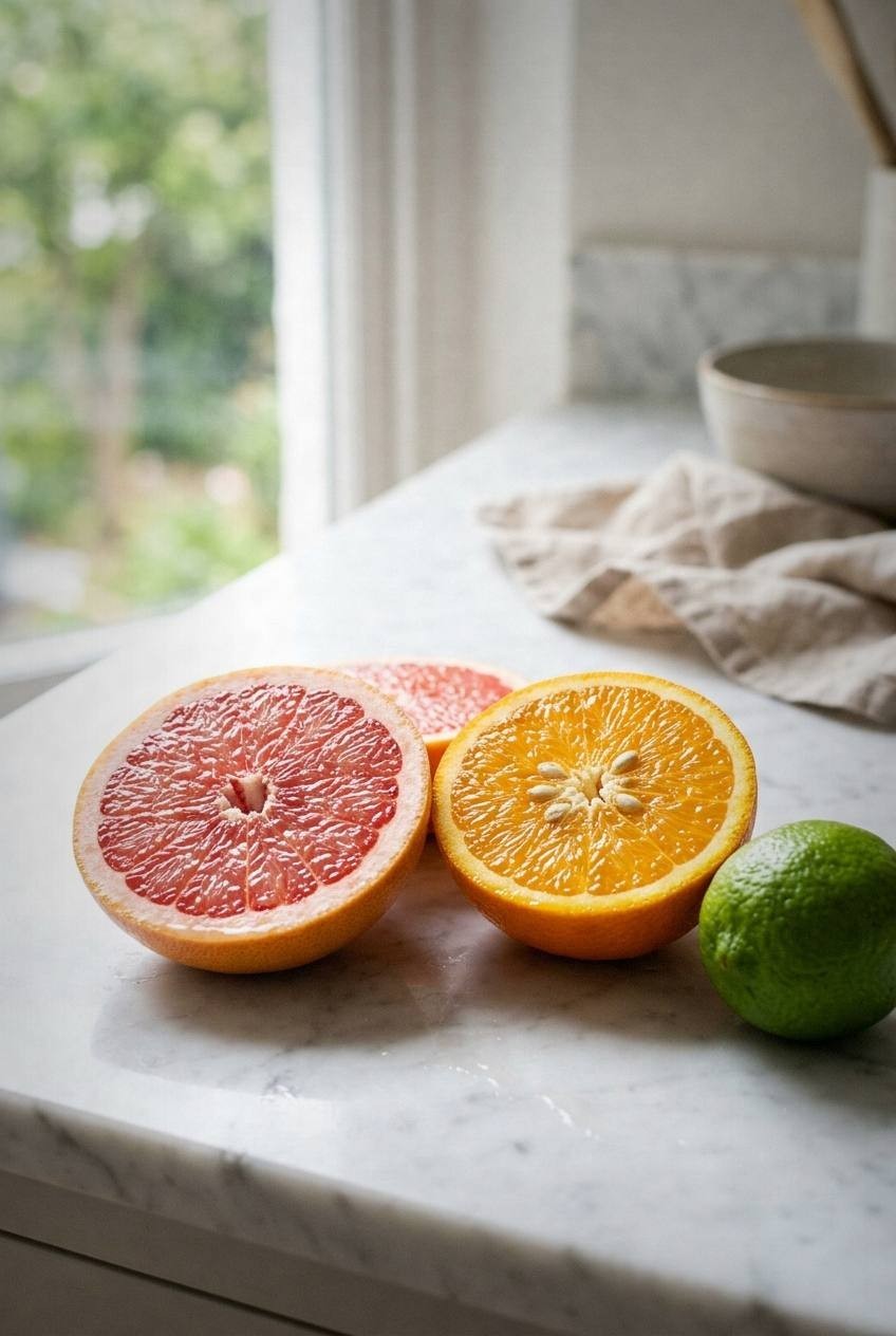 Fresh oranges, grapefruit, limes, and sparkling water ingredients for a citrus sunrise mocktail flatlay