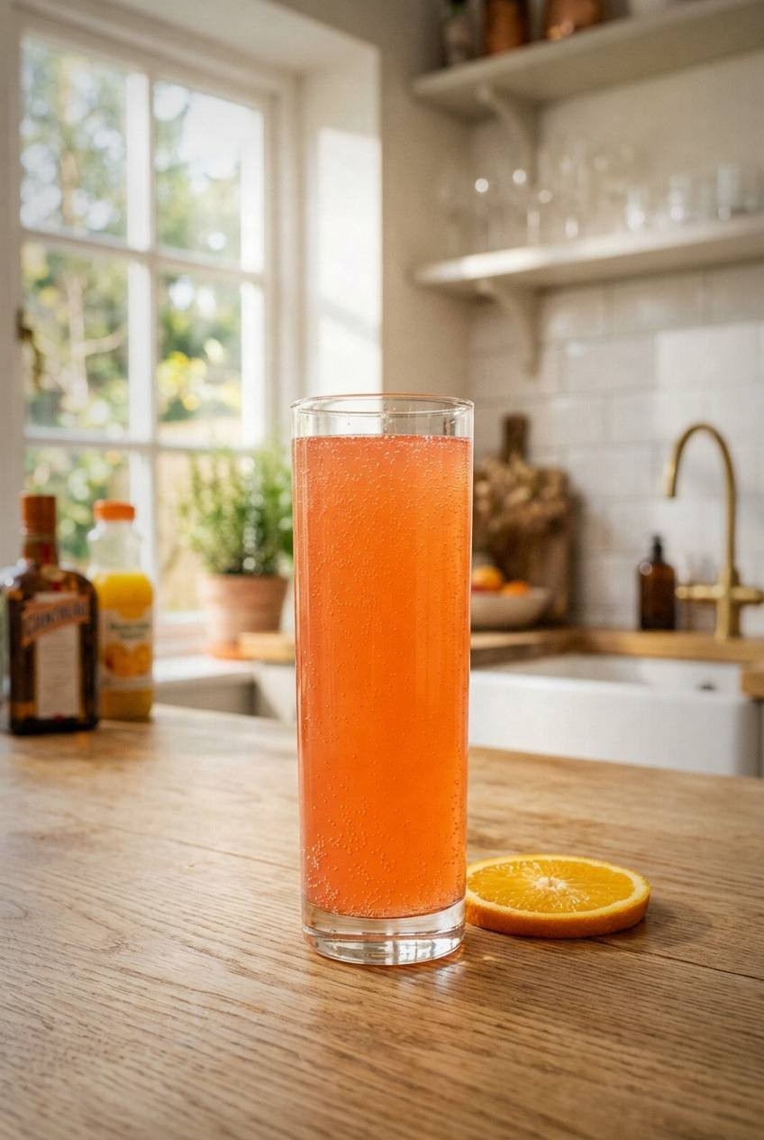Fresh orange juice being poured into shaker with grapefruit juice and ice for sparkling citrus mocktail