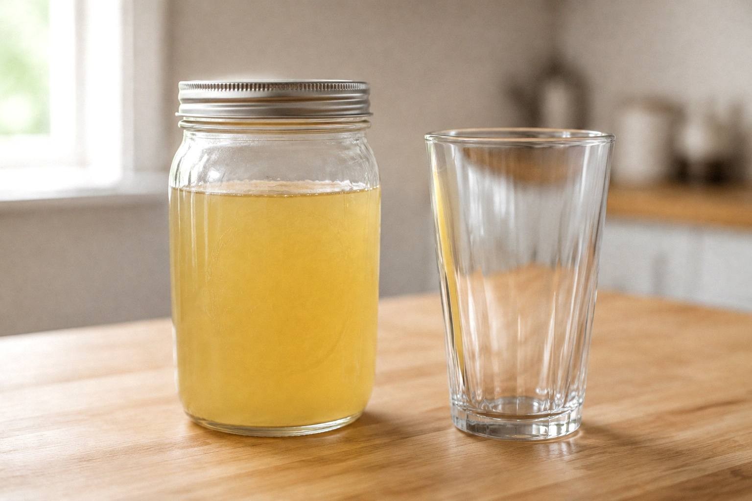 Pear juice steeping with split vanilla bean pods in a glass pitcher beside an empty serving glass.