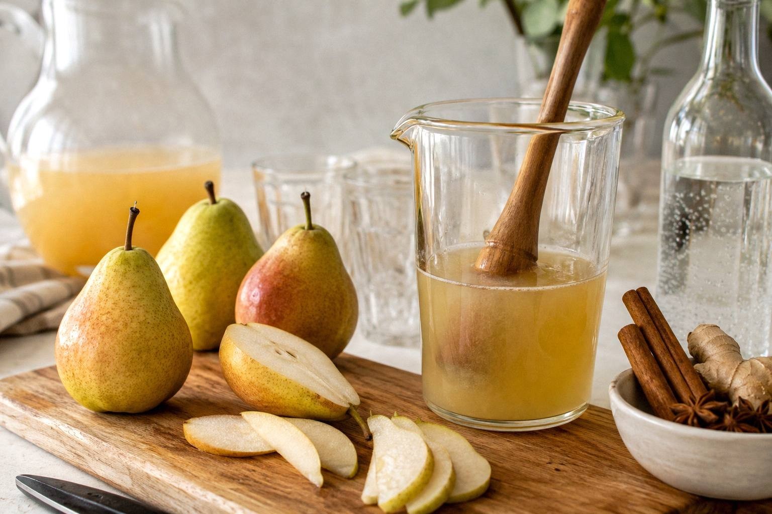 Whole and sliced pears on a wooden board beside a glass of apple cider with a wooden muddler, cinnamon sticks and fresh ginger
