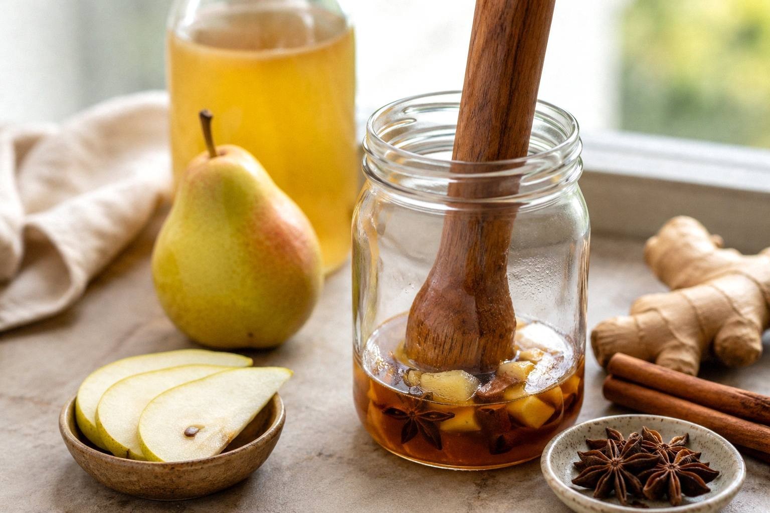Glass jar of apple cider with star anise, cinnamon and cubed ginger steeping, a wooden muddler resting inside