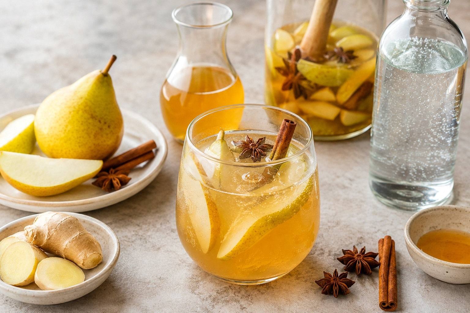 Spiced pear cider mocktail on ice with a cinnamon stick and star anise, a pitcher of the same drink behind it