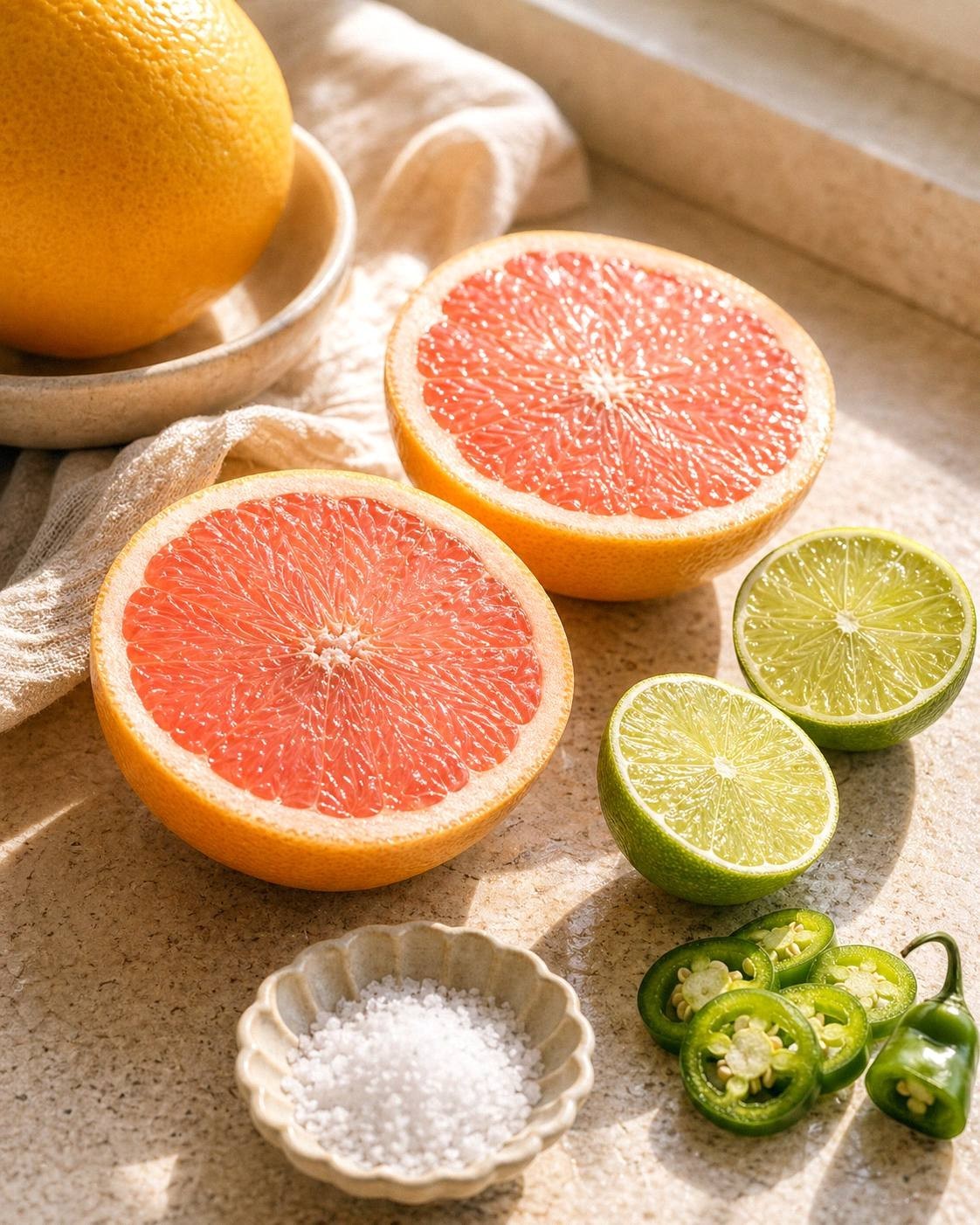 Red grapefruit, lime, sliced jalapeño and a bowl of salt