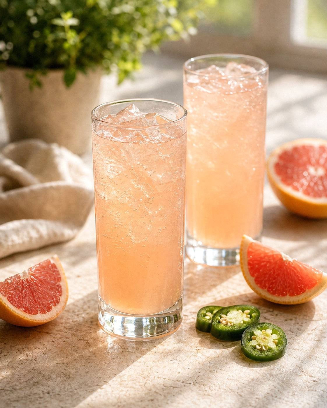 Two iced grapefruit mocktails beside grapefruit wedges and sliced jalapeño