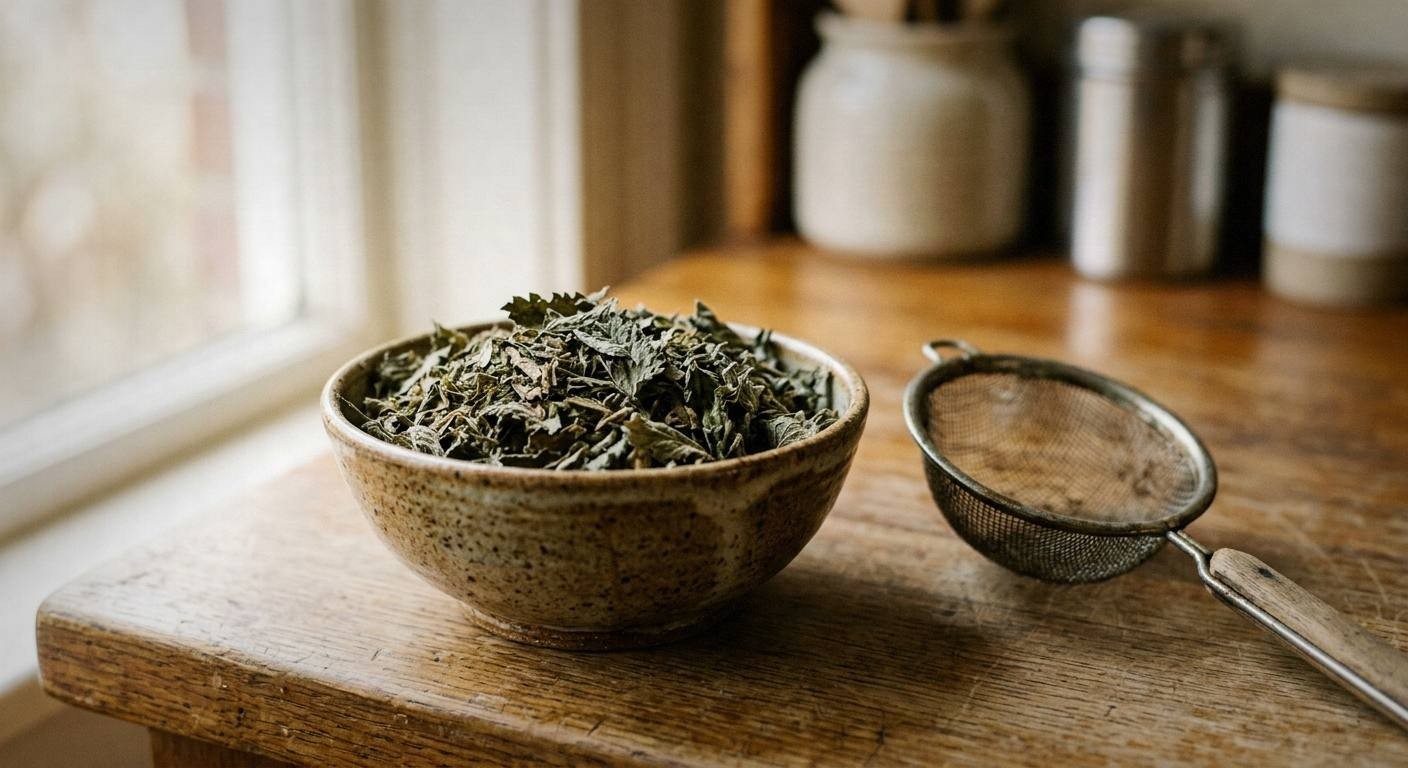 Spring allergy relief tea ingredients including dried nettle leaf, peppermint, elderflower, and fresh ginger root arranged on white marble with measuring spoons