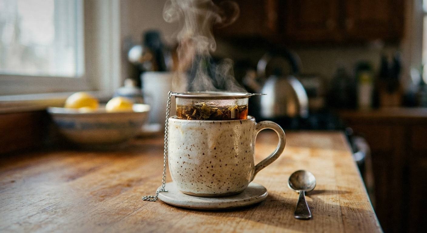 Steeping spring allergy tea in glass teapot showing nettle leaves, peppermint, and elderflower infusing in hot water with visible plant material