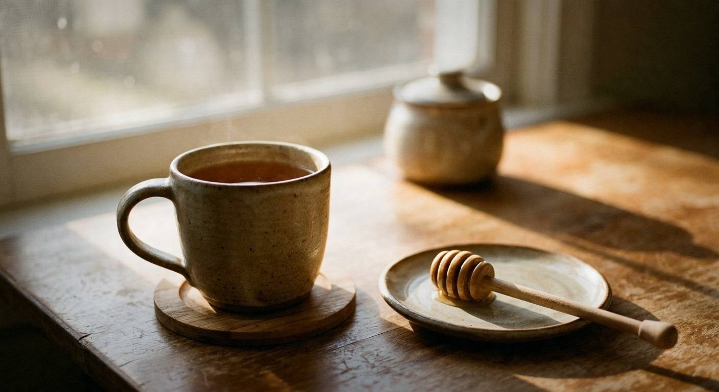 Cup of finished spring allergy relief tea in white ceramic mug with honey drizzle and fresh mint garnish on wooden table with blooming cherry blossoms