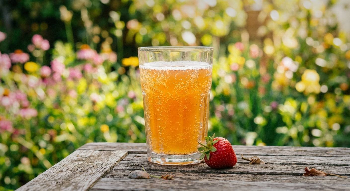 Three tall glasses filled with iced spring kombucha in pink, golden, and purple hues, garnished with fresh strawberries, mint leaves, and lavender sprigs, sitting on a white outdoor table with dappled sunlight and blooming flowers in soft focus background
