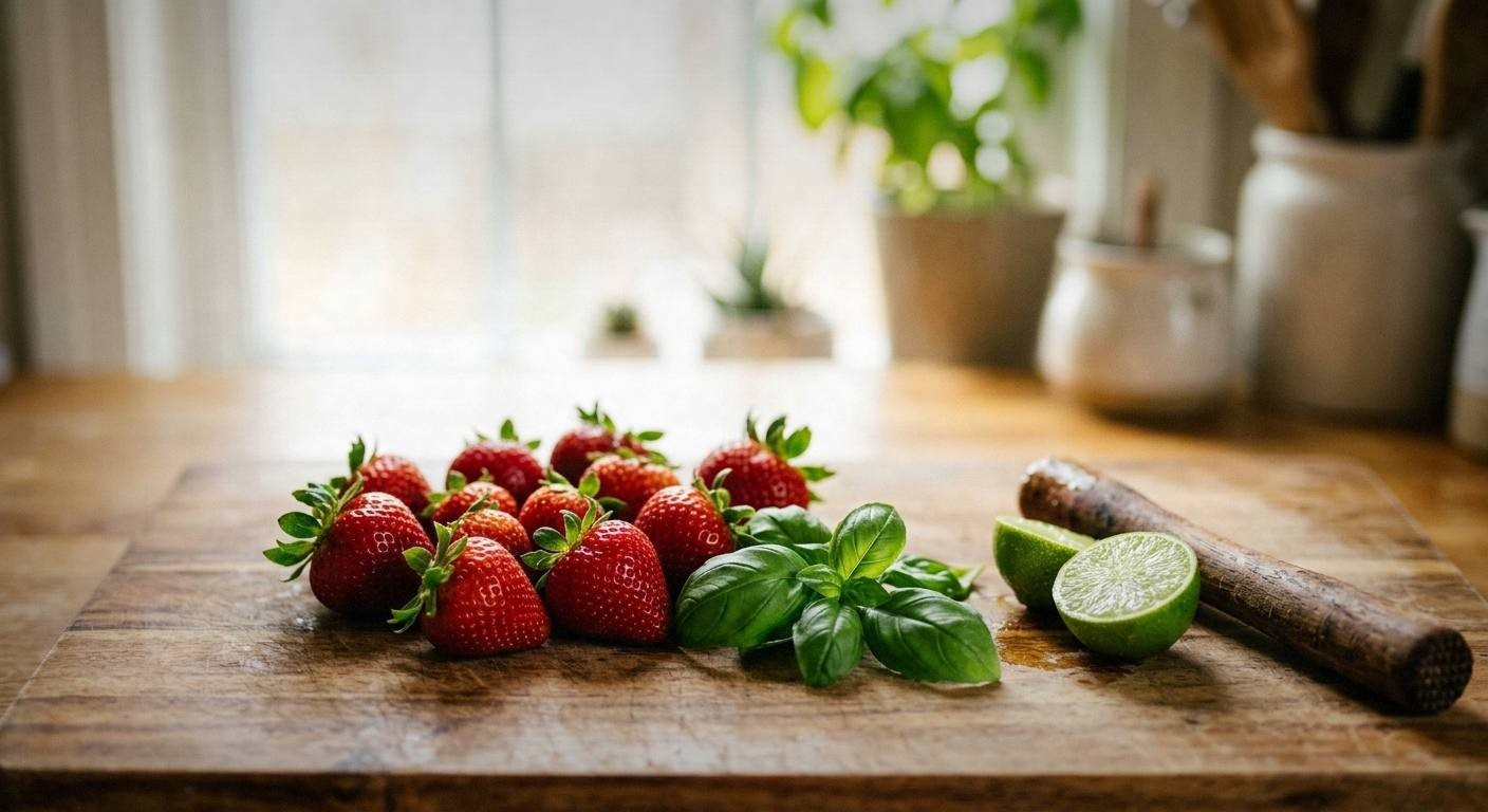 Fresh strawberries and basil leaves on wooden cutting board with honey jar and lime for spring mocktail recipe