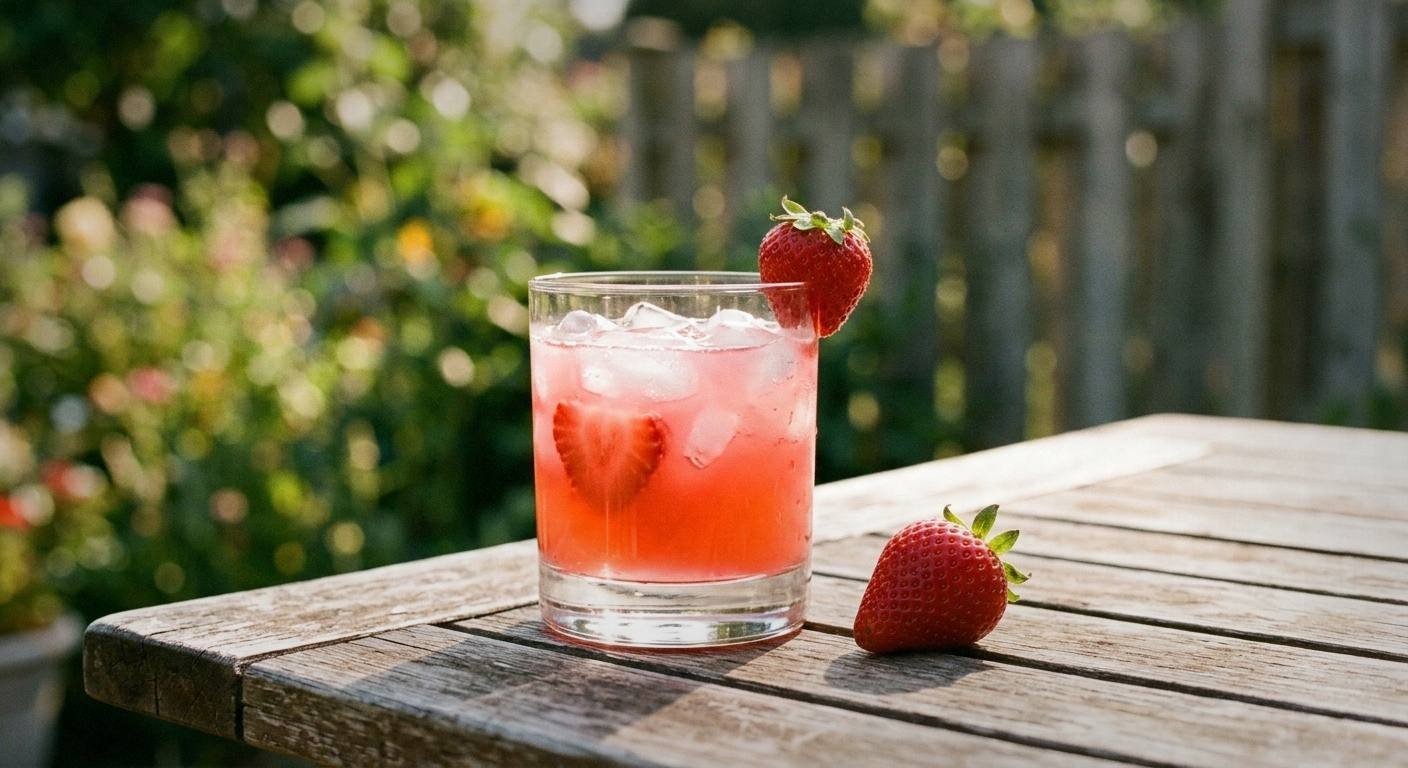 Finished strawberry basil honey lime mocktail in glass with ice, garnished with fresh basil and strawberry slice