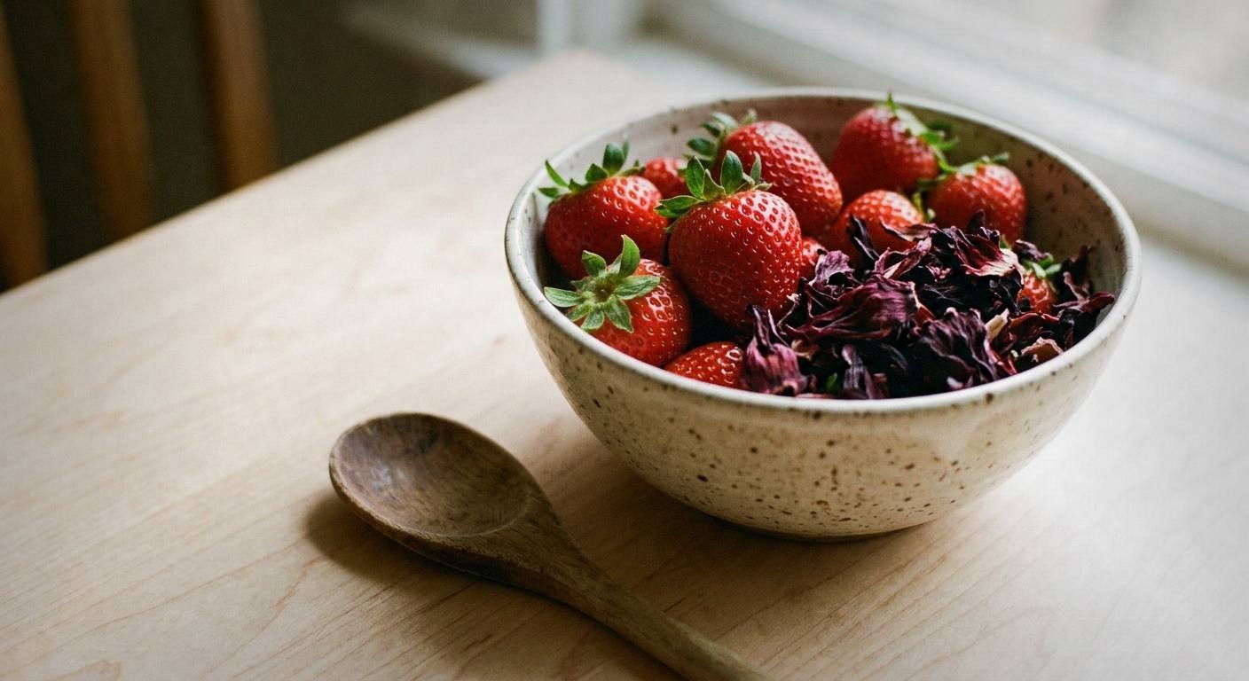 Fresh strawberries and dried hibiscus flowers on marble counter with lime and agave for strawberry hibiscus agua fresca mocktail recipe