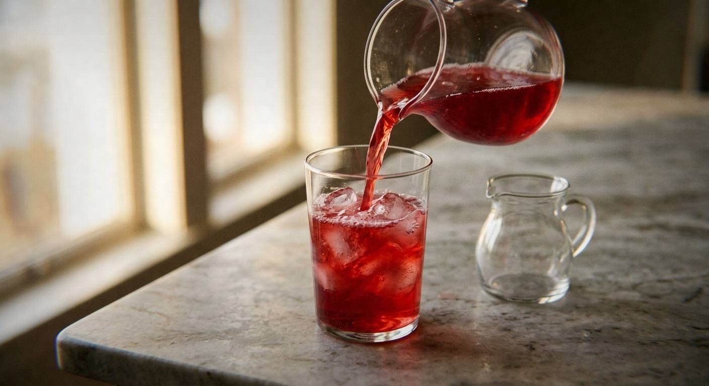 Blending fresh strawberries with hibiscus tea in high-speed blender for strawberry agua fresca hydration drink
