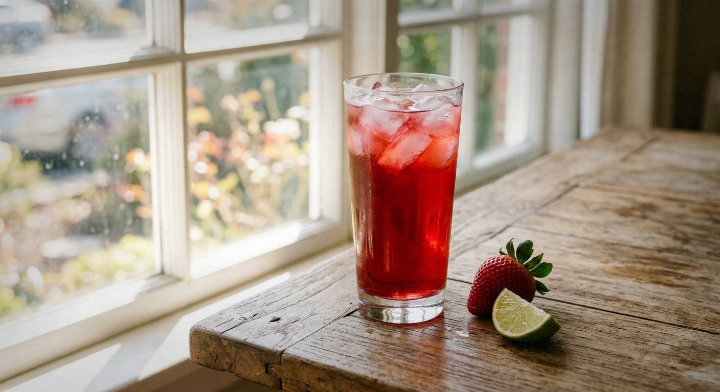 Tall glass of bright pink strawberry hibiscus agua fresca with ice and fresh strawberry garnish on outdoor table in spring sunlight