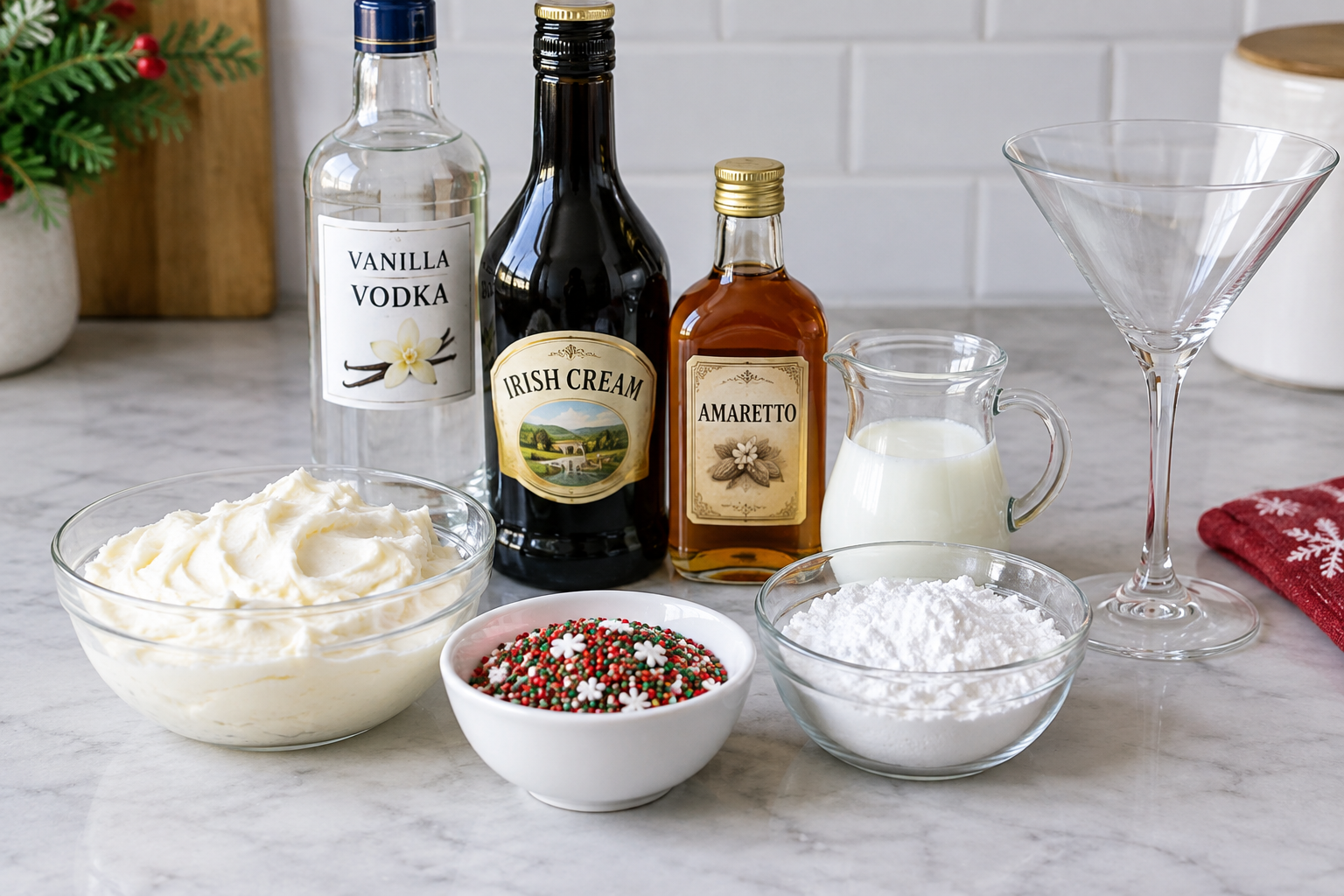 Ingredients for sugar cookie martini measured in small containers: vanilla vodka, Irish cream, milk, amaretto, powdered sugar, frosting, and sprinkles