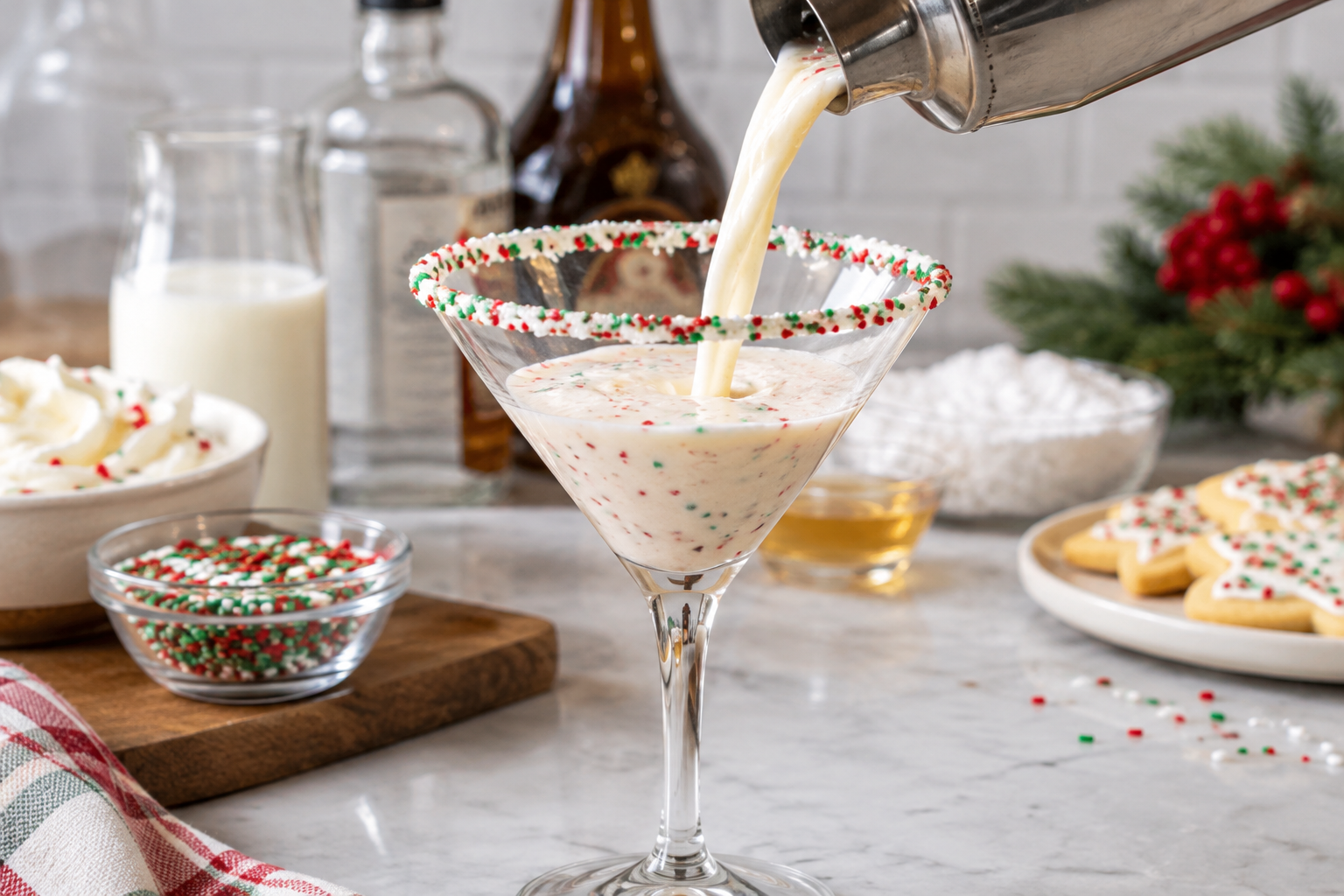 Pouring sugar cookie martini from shaker into rimmed glass, liquid in motion
