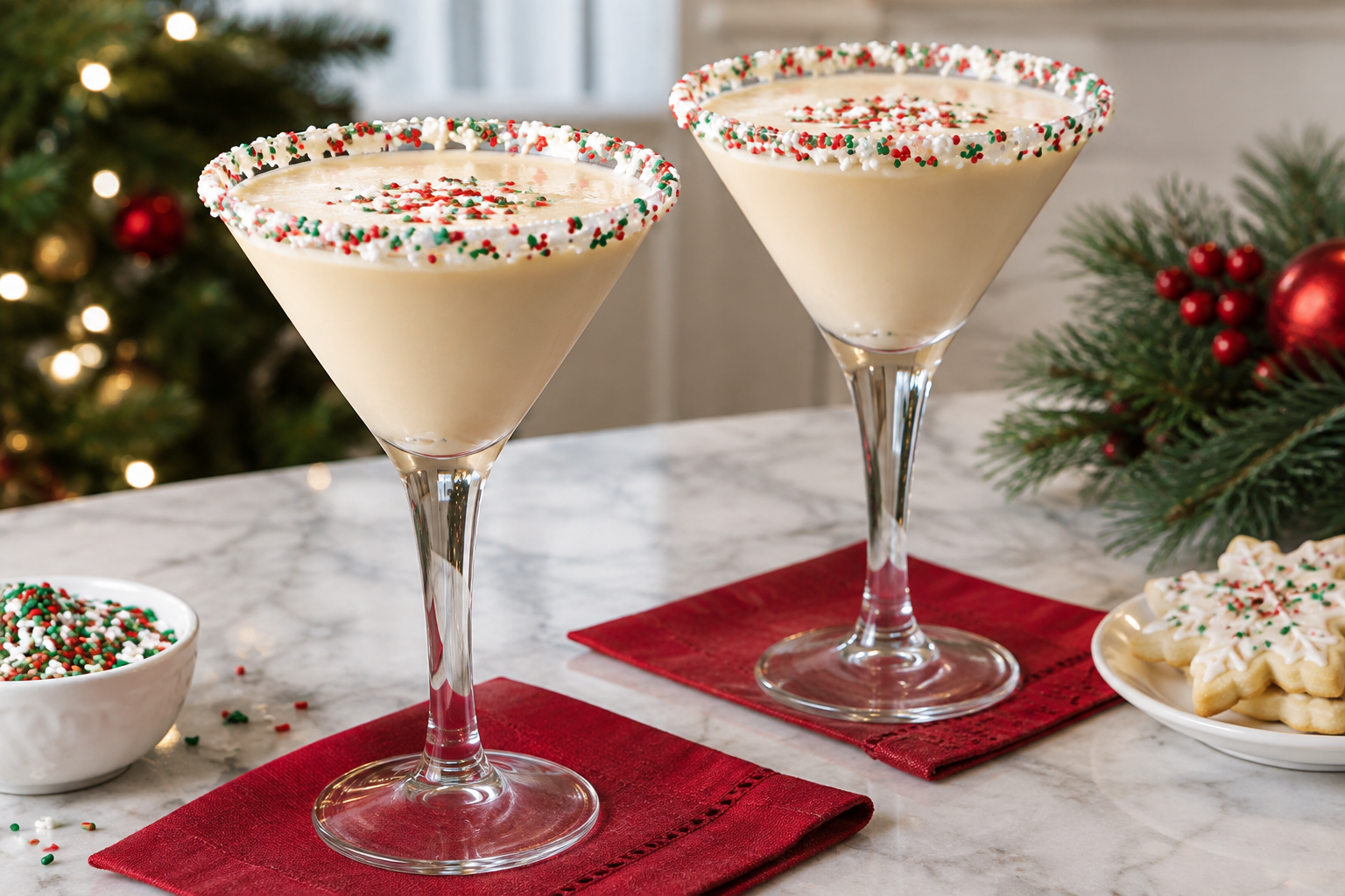 Two sugar cookie martinis with frosting and sprinkle rims on a table with holiday decorations