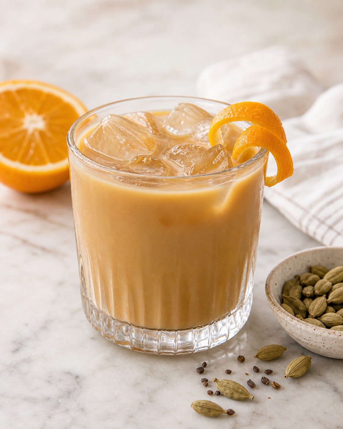 Iced coffee with orange peel and cardamom beside a small bowl of spices