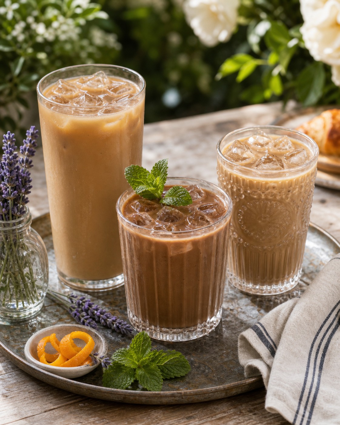 A tray of summer iced coffee drinks with cold brew, coconut milk, lavender, mint, and citrus
