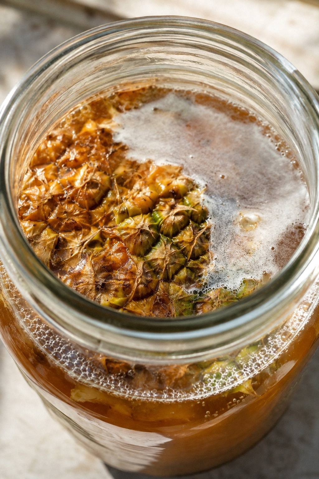 Overhead view into a glass tepache jar showing the pineapple rind raft on amber liquid with fine bubbles against the glass