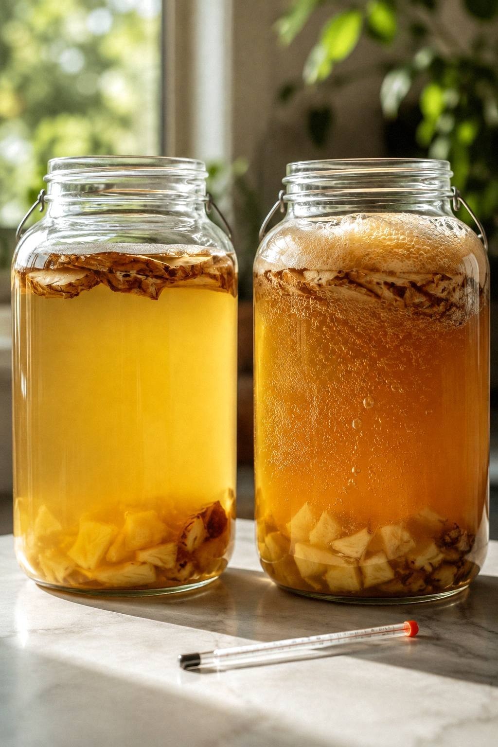 Two glass tepache jars side by side, the left one flat and still, the right one visibly active with a dense head of fine bubbles