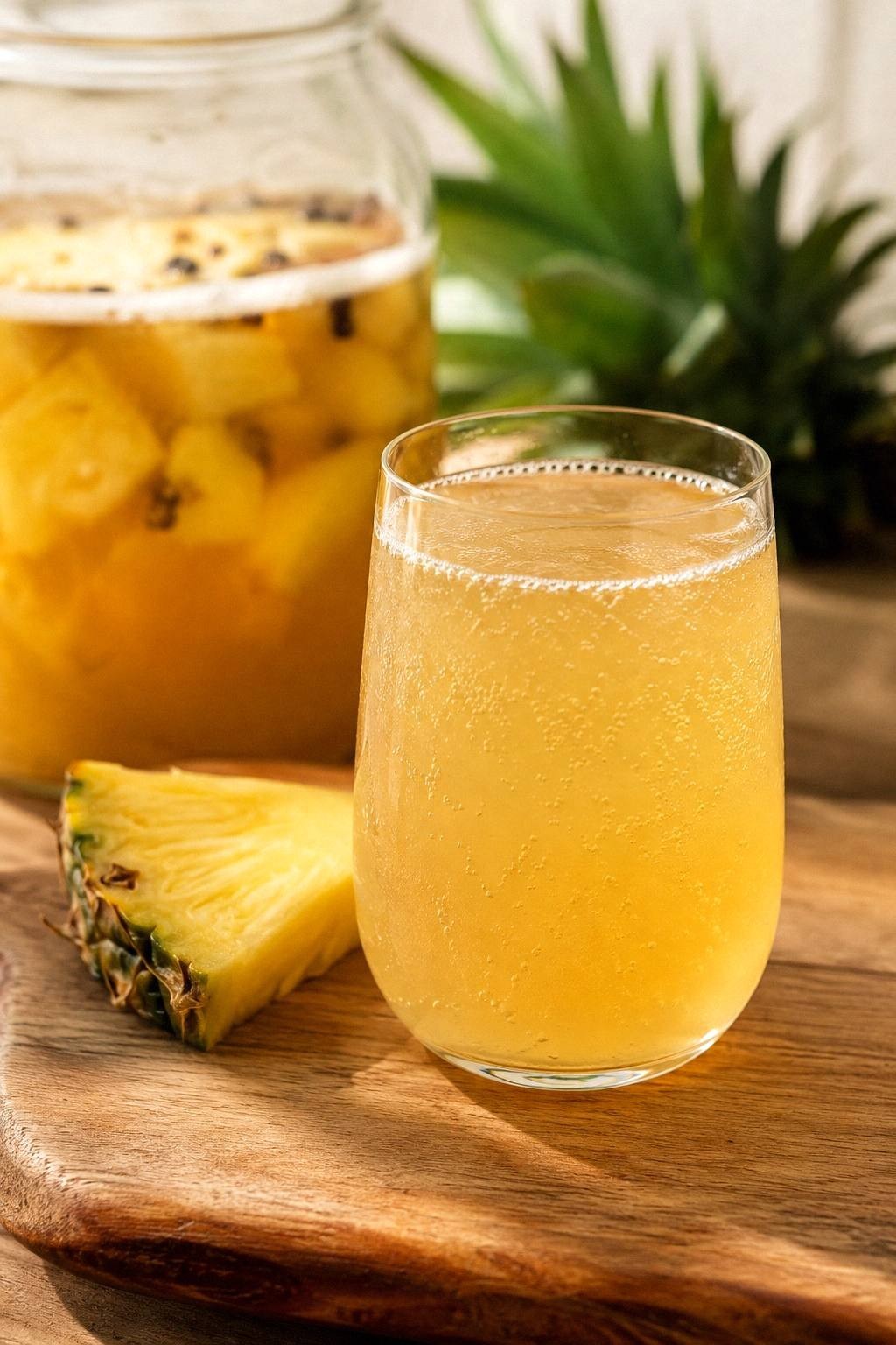 A finished glass of strained pineapple tepache, pale amber and lightly sparkling, beside the fermentation jar