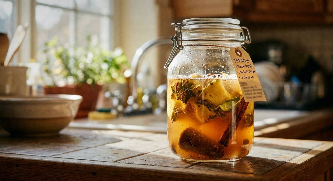 Glass jar filled with fermenting tepache showing active bubbles and pineapple rinds submerged in golden liquid with cinnamon sticks, probiotic fermented pineapple drink in progress