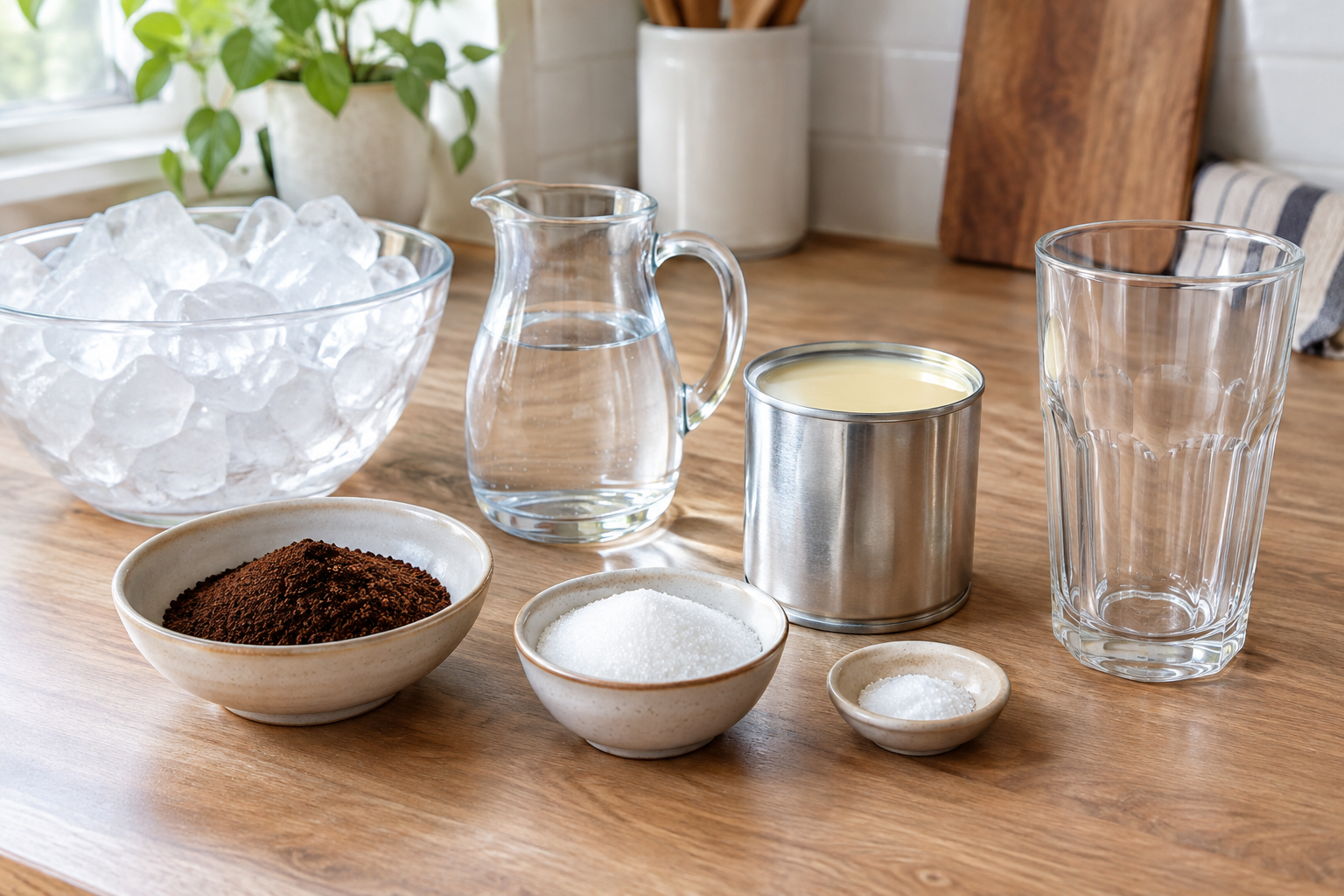 ingredients for thai iced coffee laid out: thai coffee powder, condensed milk, sugar, salt, ice, evaporated milk