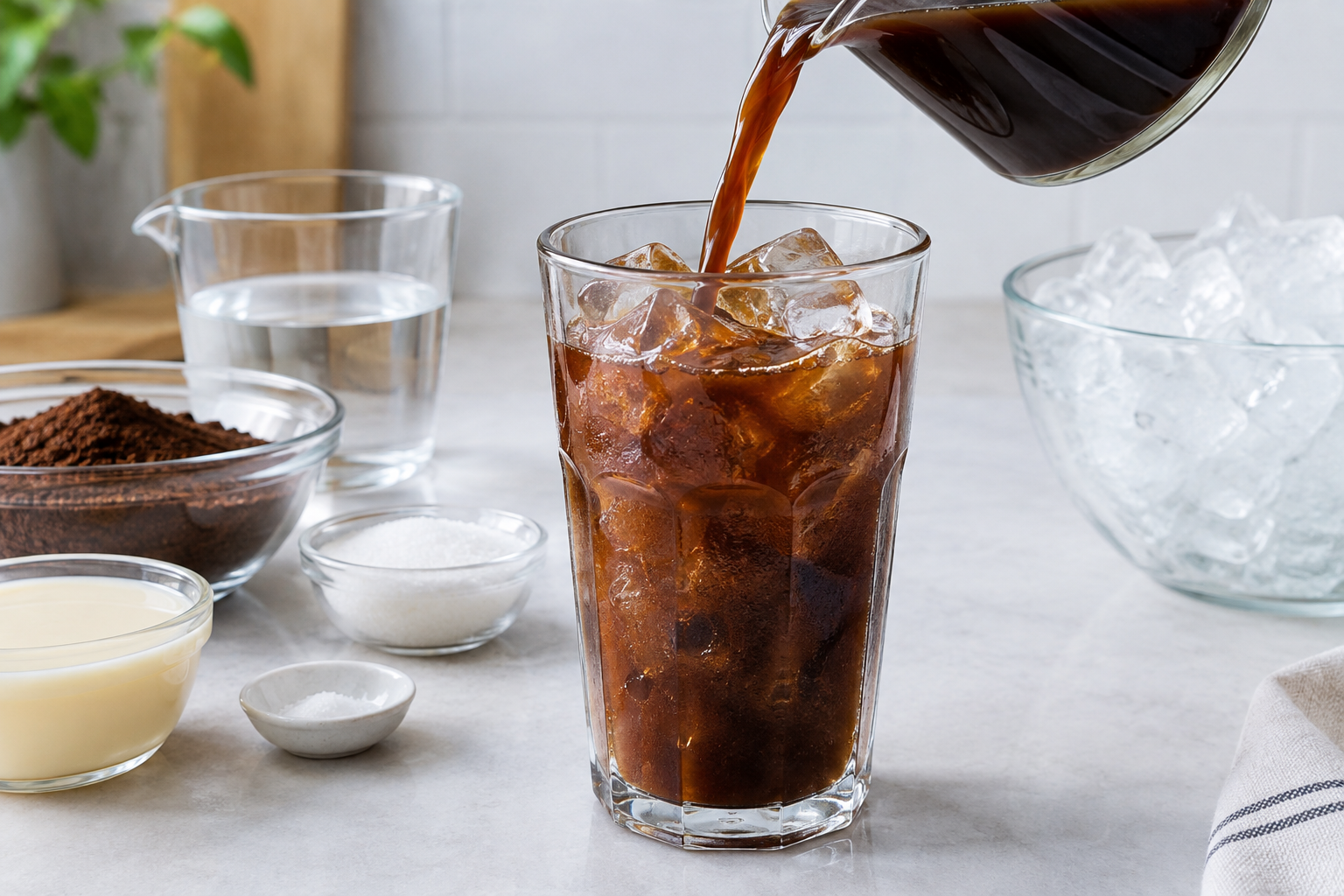 evaporated milk being poured over iced thai coffee in a tall glass, creating a cascade effect