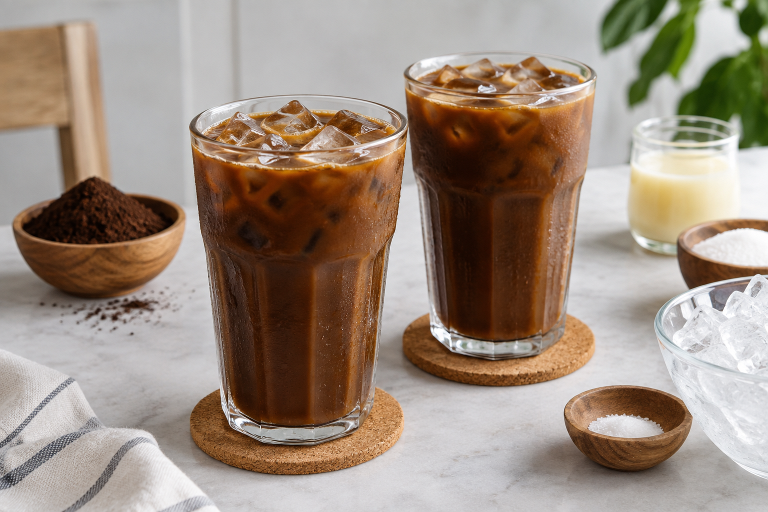 two glasses of finished thai iced coffee on a table, layered with dark coffee and cream over ice