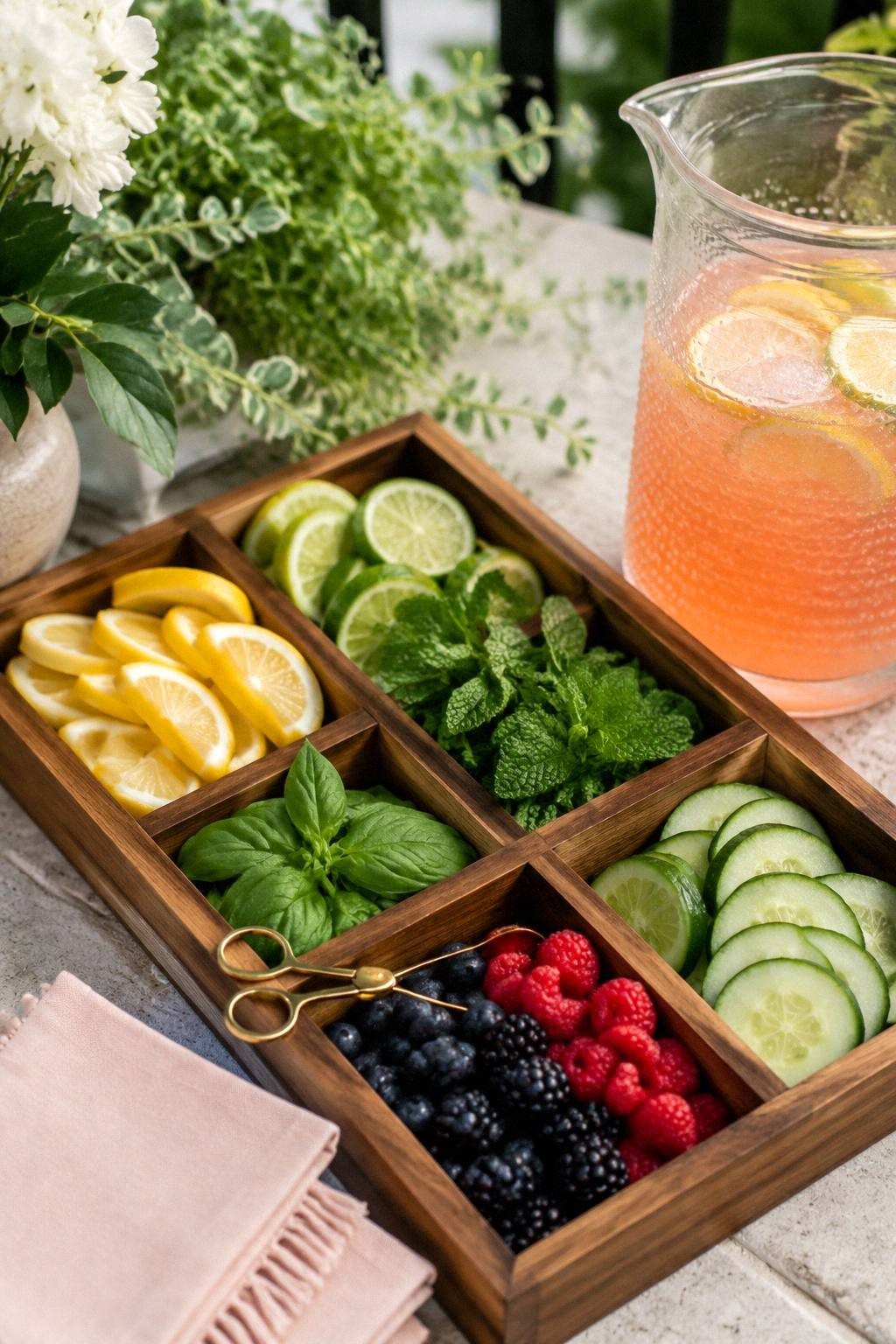 garnish tray for a self serve mocktail bar with lemon lime mint basil berries cucumber and tongs