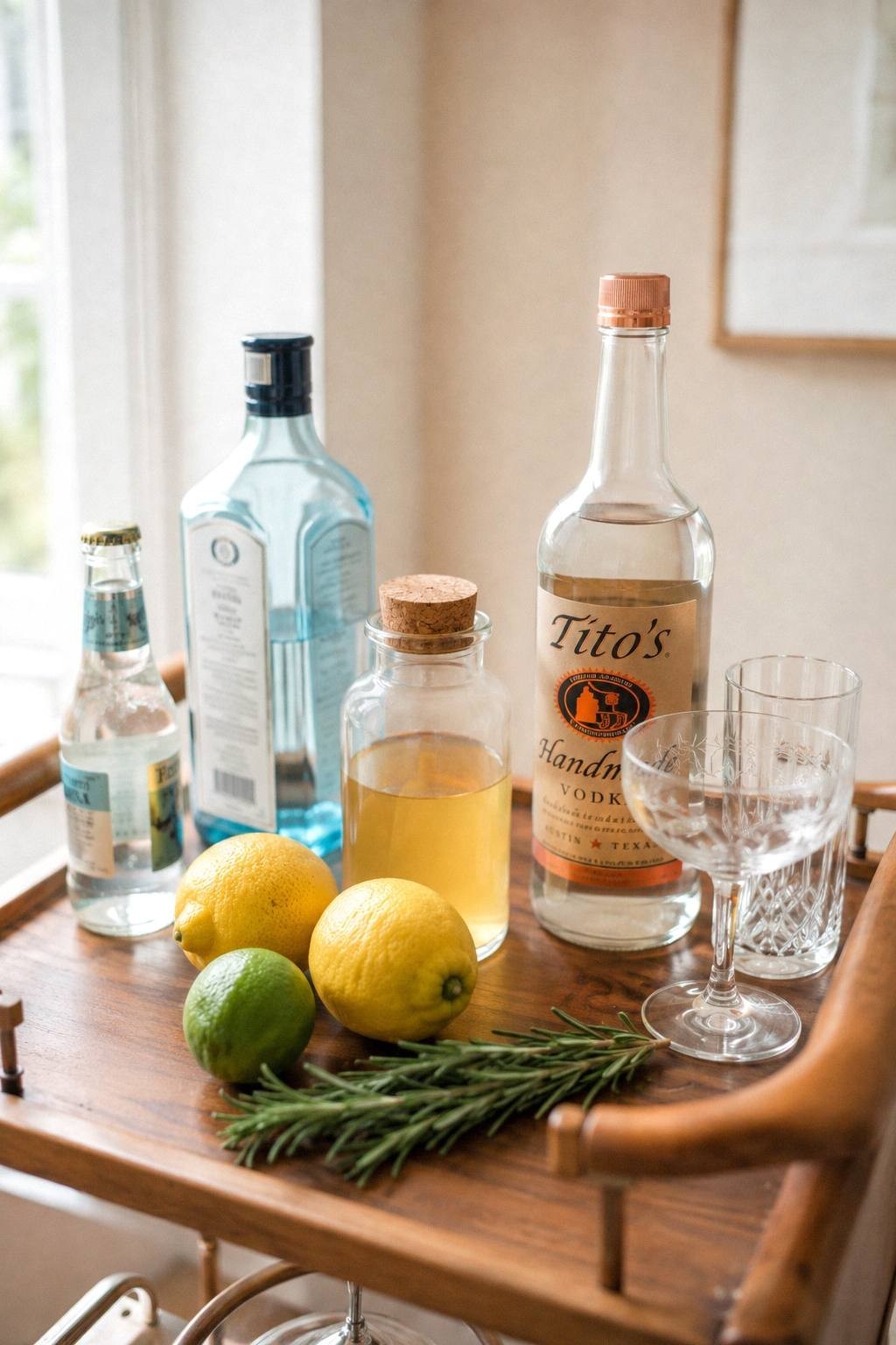 A three bottle home bar setup with a gin bottle, tonic bottle, and jar of homemade rosemary syrup beside fresh lemons and limes on a wooden bar cart