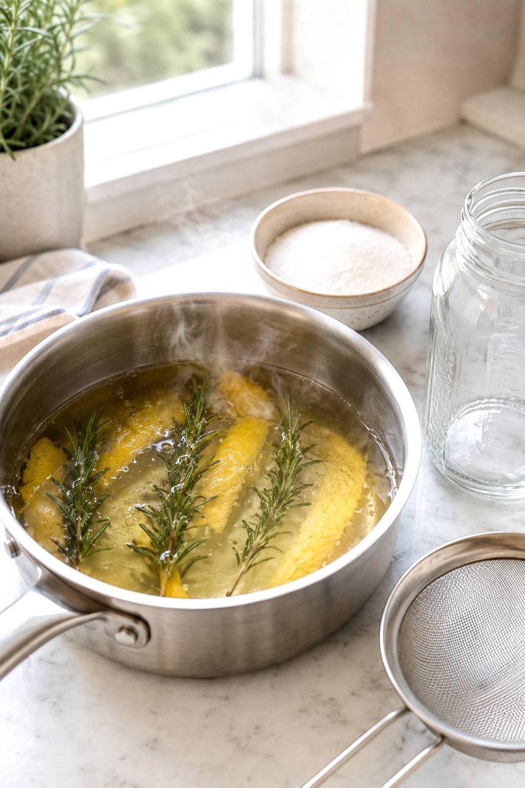 Rosemary sprigs and wide strips of lemon peel simmering in a small pot of clear simple syrup on a kitchen stove