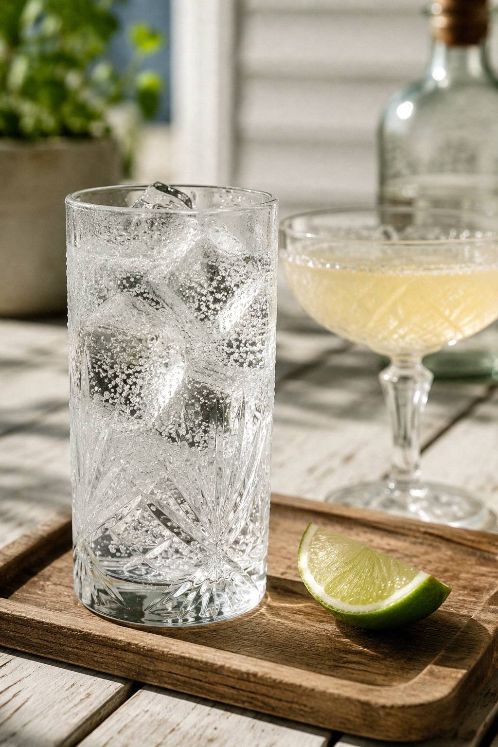 A finished gin and tonic in a vintage etched highball glass with condensation and a lime wedge beside a coupe glass on a bar tray