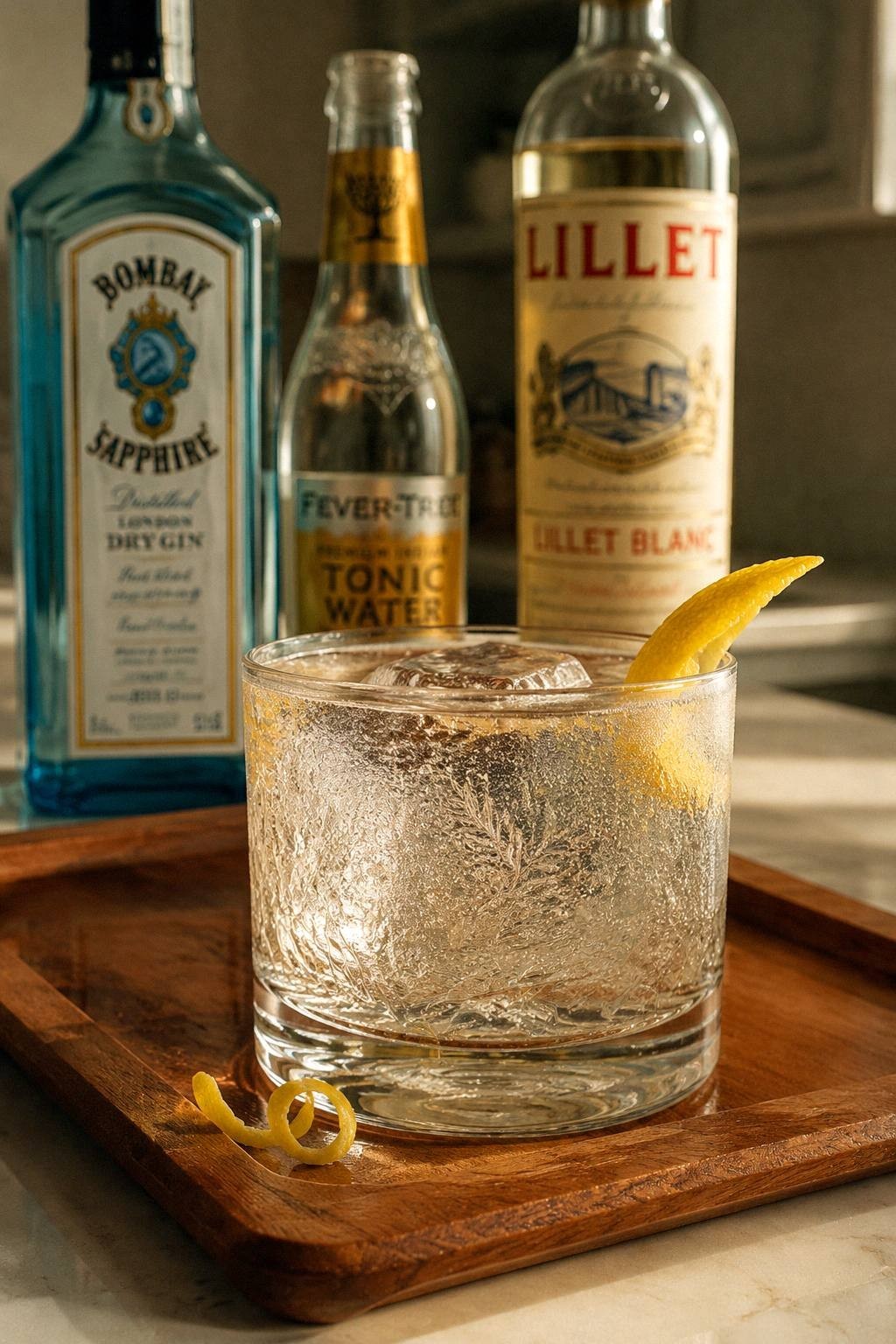 A finished gin and tonic in a short vintage glass with a large clear ice cube and a lemon twist, on a small tray beside three bottles in a compact apartment kitchen