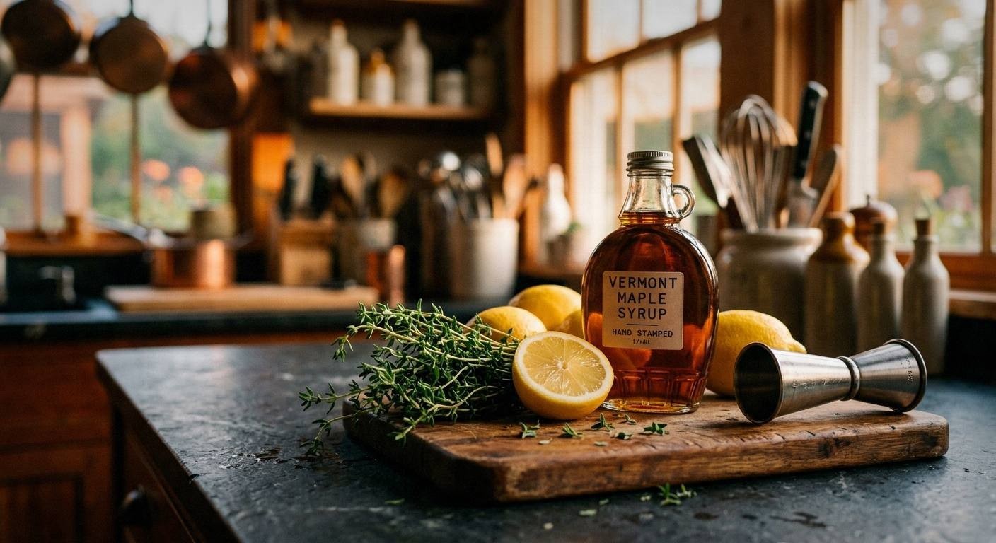 Fresh thyme sprigs and bourbon bottle on rustic wooden table with maple syrup and lemon for fall cocktail recipe