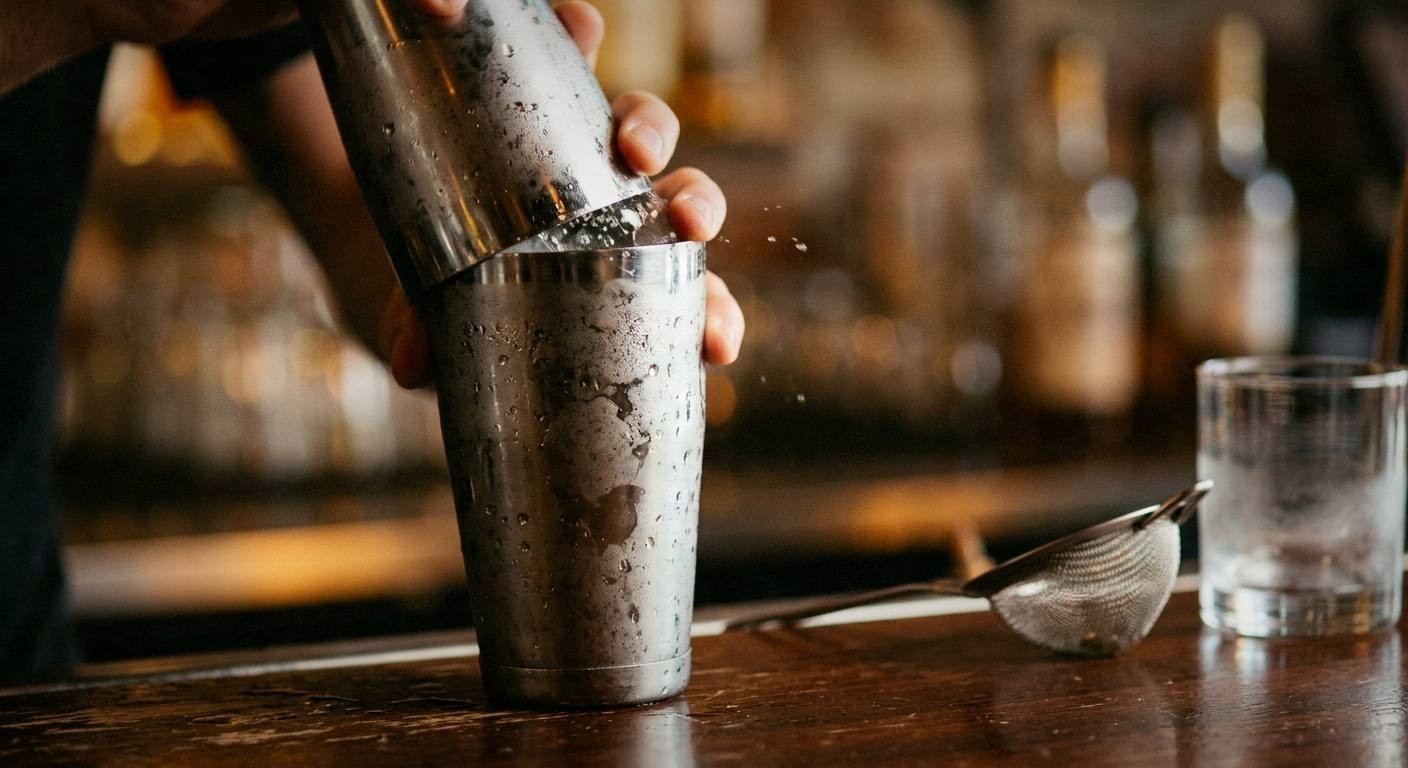 Muddling fresh thyme sprigs with maple syrup in cocktail shaker for bourbon sour recipe