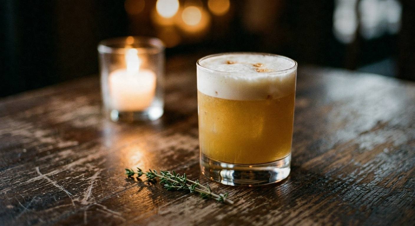 Finished thyme bourbon sour cocktail with maple syrup in rocks glass garnished with fresh thyme sprig on autumn table