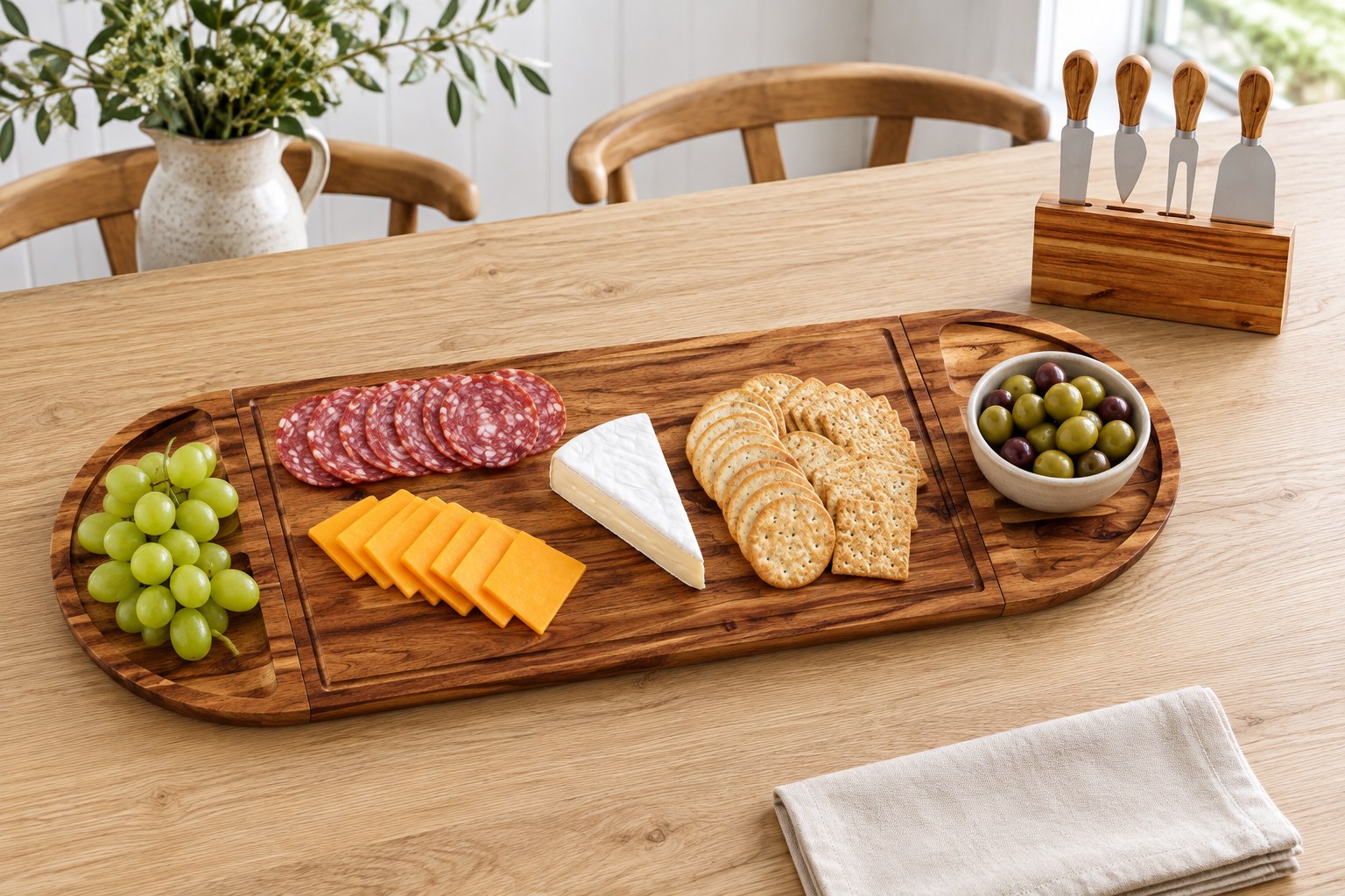 TIDITA 30-inch three-part acacia charcuterie board with grapes, salami, cheddar, brie, crackers and olives beside its four cheese knives in a wooden block