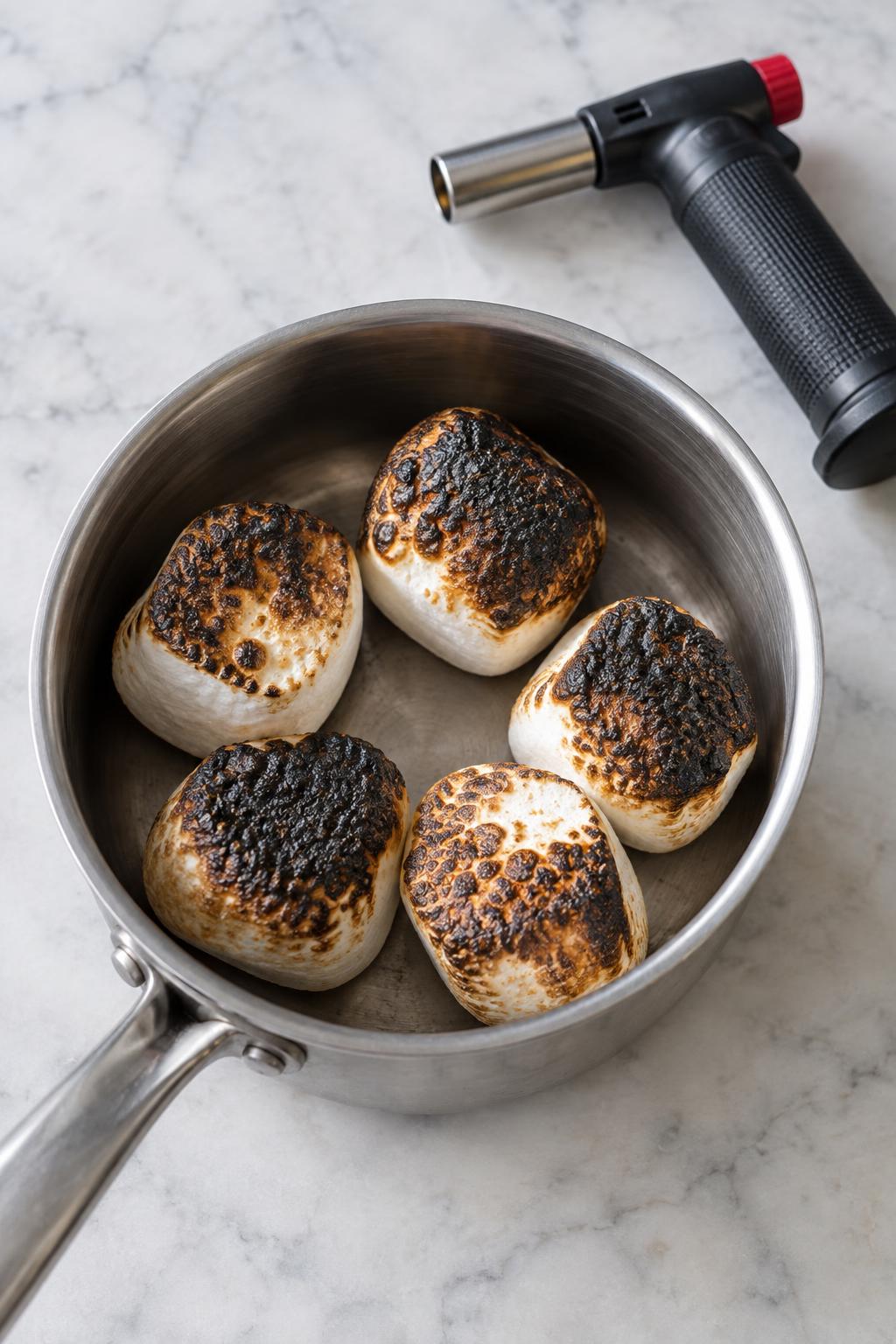five jumbo marshmallows blackened with a kitchen torch in a small saucepan