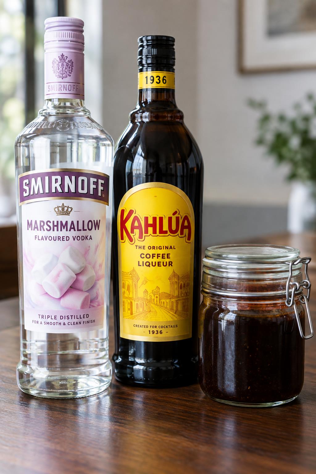 a bottle of marshmallow vodka and a bottle of coffee liqueur beside a jar of dark toasted marshmallow syrup