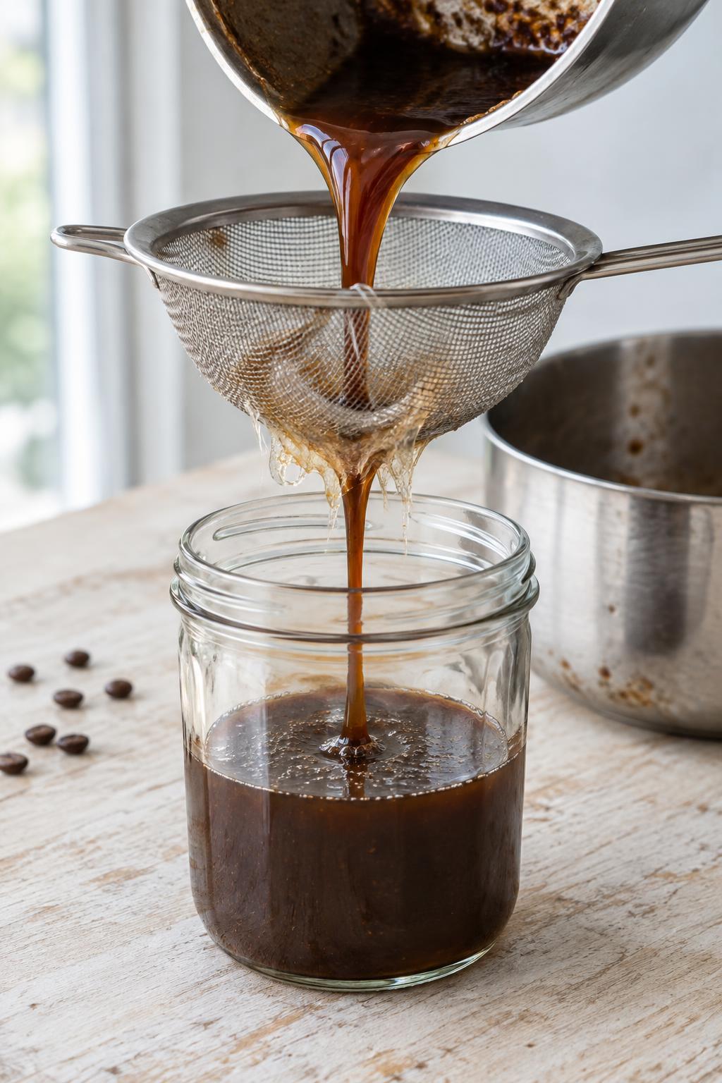 dark toasted marshmallow syrup being strained into a glass jar